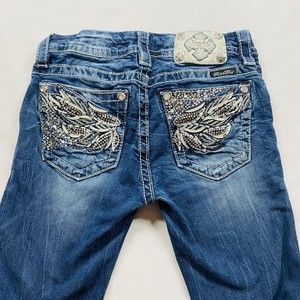 Miss Me Jeans Womens Size 26 Bling Wings Dark Wash Faded Boot Cut Low Rise Blue
